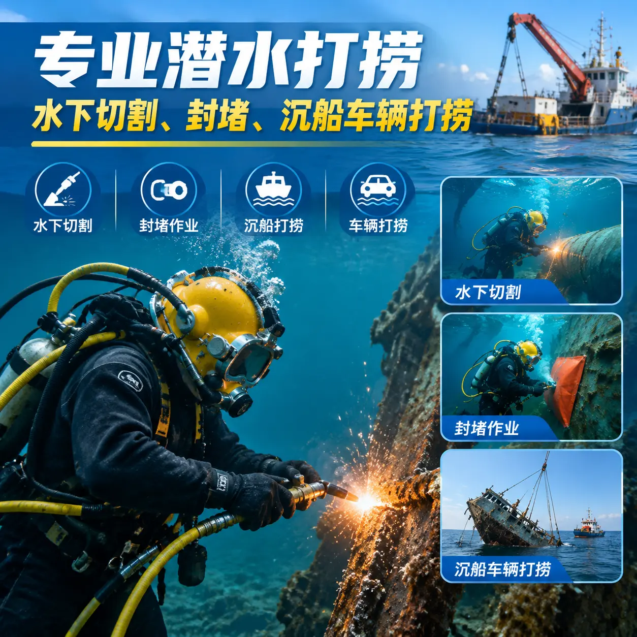 专业潜水打捞｜水下切割、封堵、沉船车辆打捞陆河